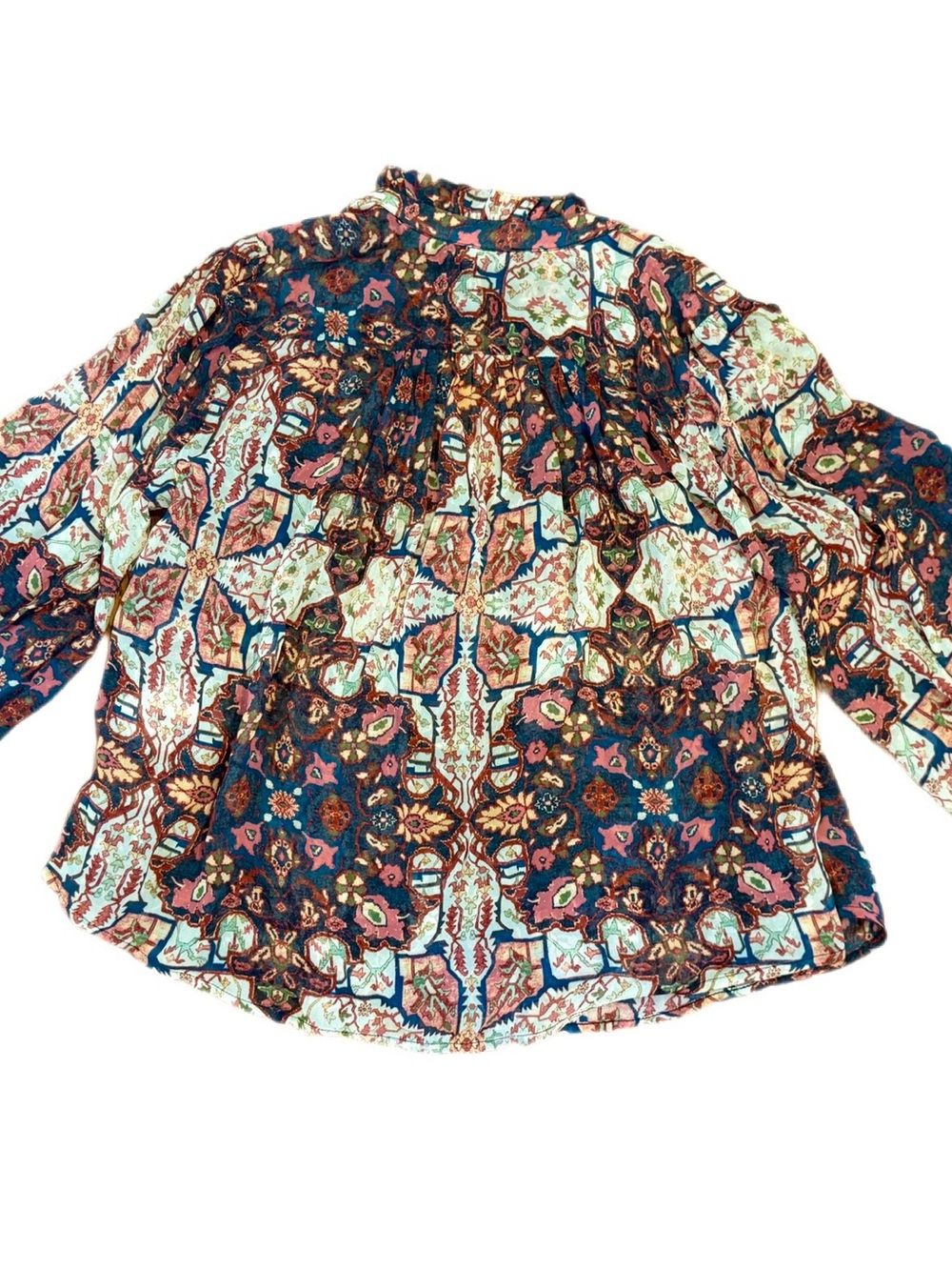 Anthropologie Estela Sheer Printed Blouse Medium Boho Rug Print Balloon Sleeve - Picture 8 of 16